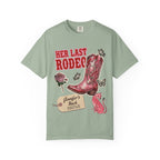 Cowboy boot with "Her Last Rodeo" text and butterfly graphics.