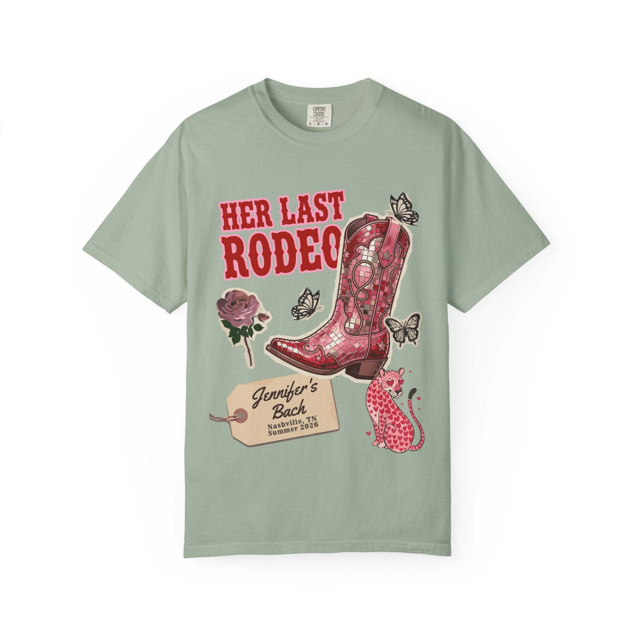 Cowboy boot with "Her Last Rodeo" text and butterfly graphics.