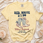 Red, White & I Do bachelorette t-shirt with cowboy boots, Austin, TX, July 4th, 2026.