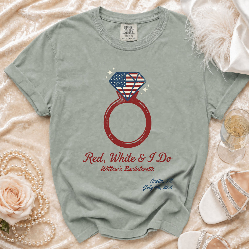 Red, White & I Do bachelorette t-shirt with diamond ring graphic.
