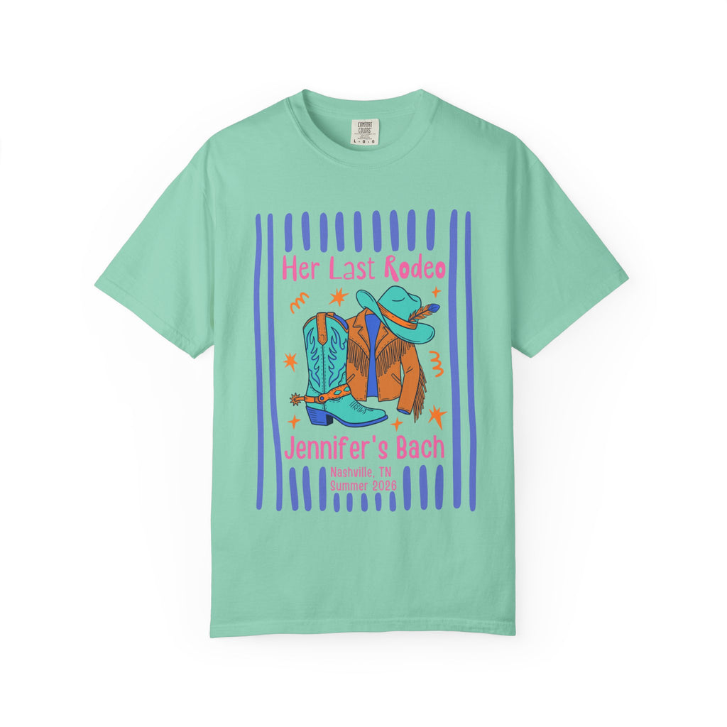 "Her Last Rodeo" bachelorette shirt with cowboy hat, boots, and text.