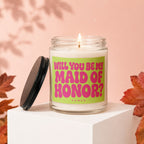Candle with "Will You Be My Maid of Honor?" text, lid open.