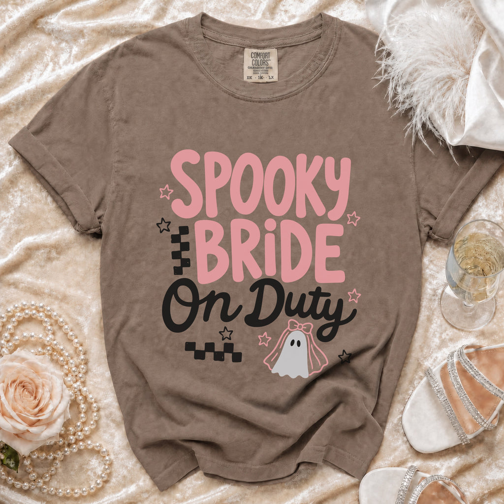 Brown t-shirt with "Spooky Bride On Duty" text and ghost graphic.