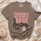 Brown t-shirt with "Spooky Bride On Duty" text and ghost graphic.
