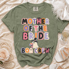 Olive green t-shirt with "Mother of the Bride Boo Crew" text and ghost graphic.