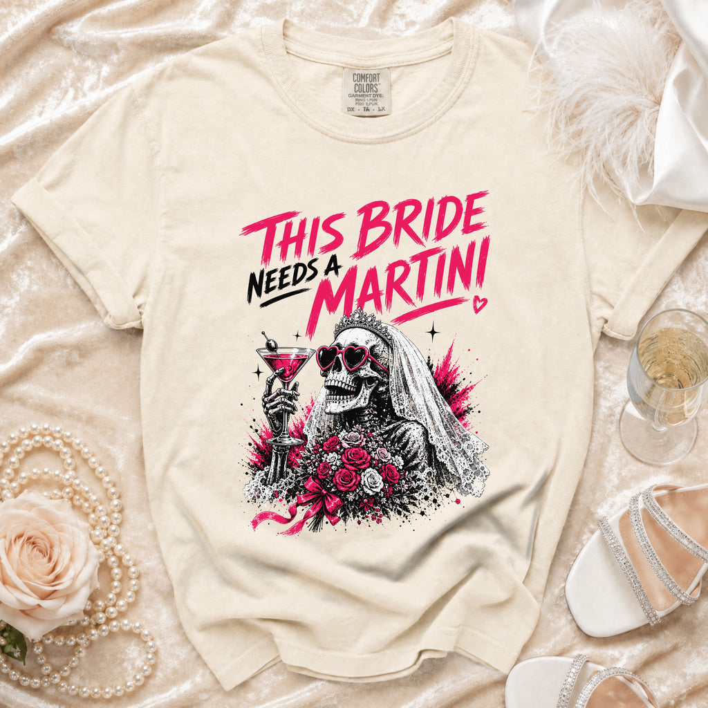 Skeleton bride with martini and bouquet text This Bride Needs a Martini.