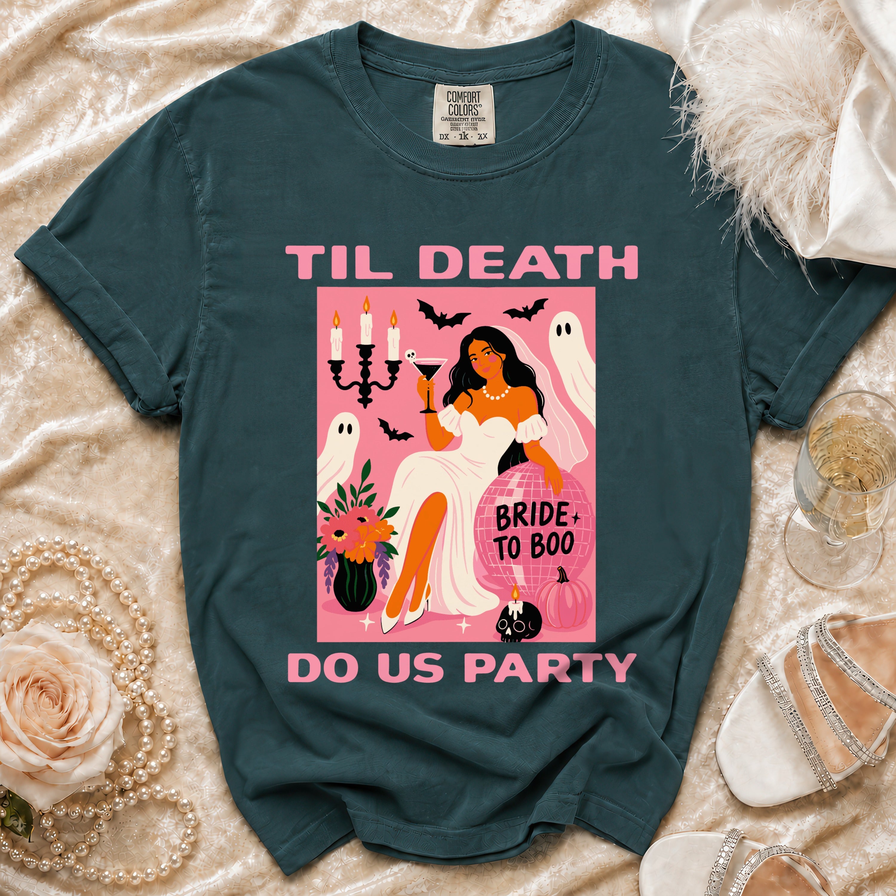 Teal t-shirt with "Til Death Do Us Party" graphic featuring a bride and spooky elements.