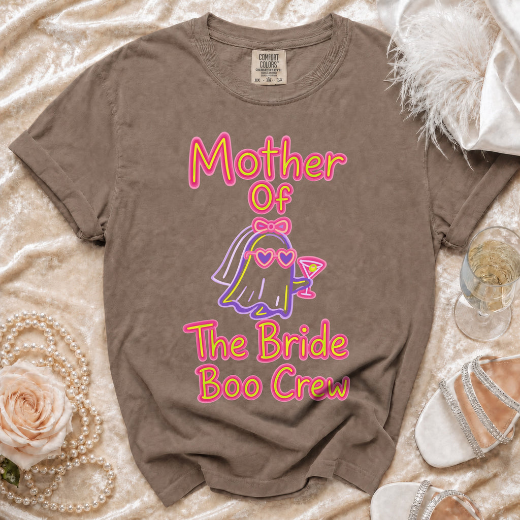 T-shirt with "Mother Of The Bride Boo Crew" text and ghost graphic.