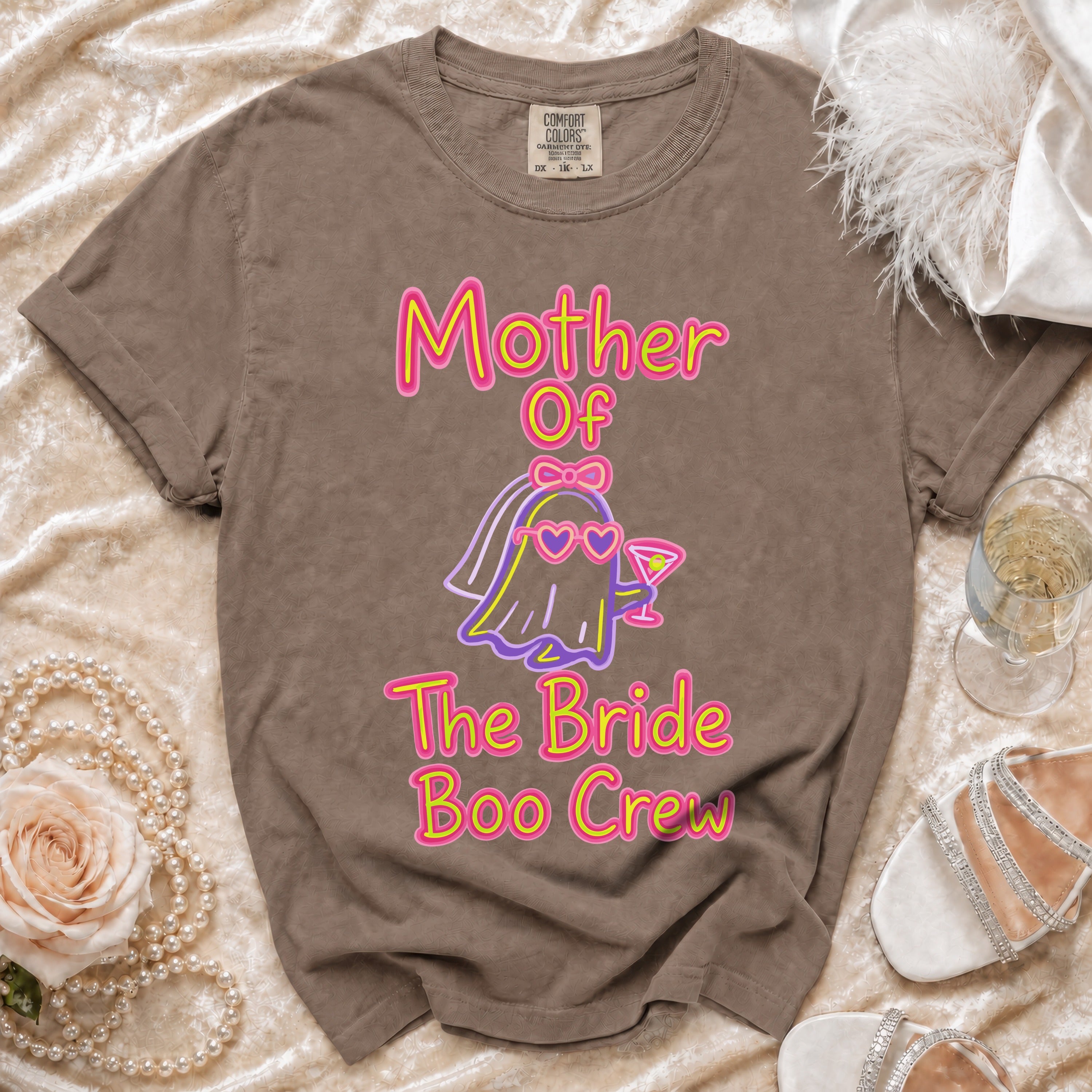 T-shirt with "Mother Of The Bride Boo Crew" text and ghost graphic.