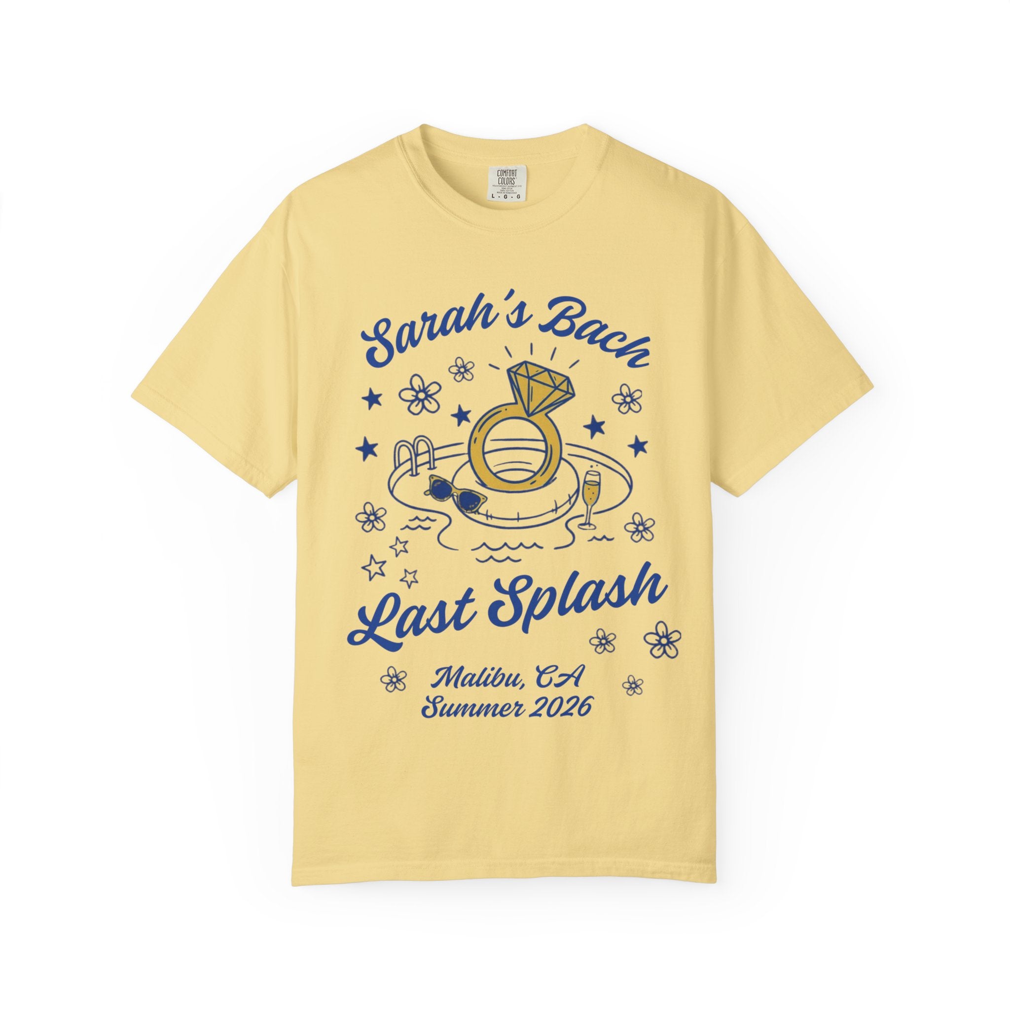 Yellow t-shirt with "Sarah's Bach Last Splash" text, ring, and pool.