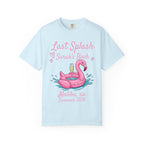 Light blue t-shirt with "Last Splash Sarah's Bach Malibu, CA Summer 2026" text.
