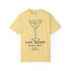 Yellow t-shirt with "Last Splash Sarah's Bach Malibu, CA Summer 2026" and martini glass.