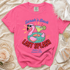 Pink t-shirt with "Sarah's Bach LAST SPLASH" text and flamingo graphic.