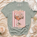 Mother of the Bride t-shirt with a cocktail glass, flowers, and striped background.