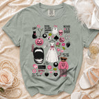 Light green t-shirt with "Mother of the Bride" graphic and bride-themed icons.