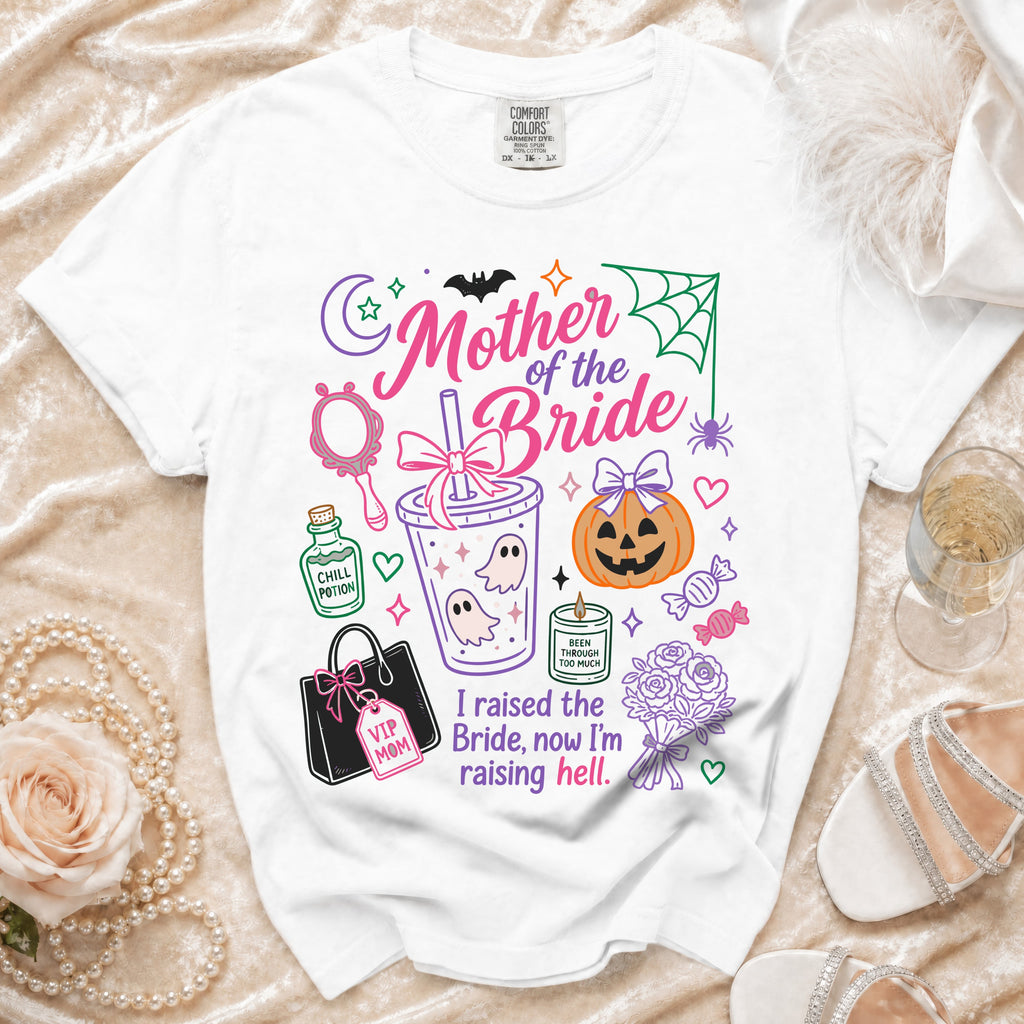 White t-shirt with "Mother of the Bride" and Halloween-themed graphics.