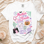 White t-shirt with "Mother of the Bride" and Halloween-themed graphics.