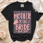 Black t-shirt with "Mother of the Bride Boo Crew" text and ghost graphic.