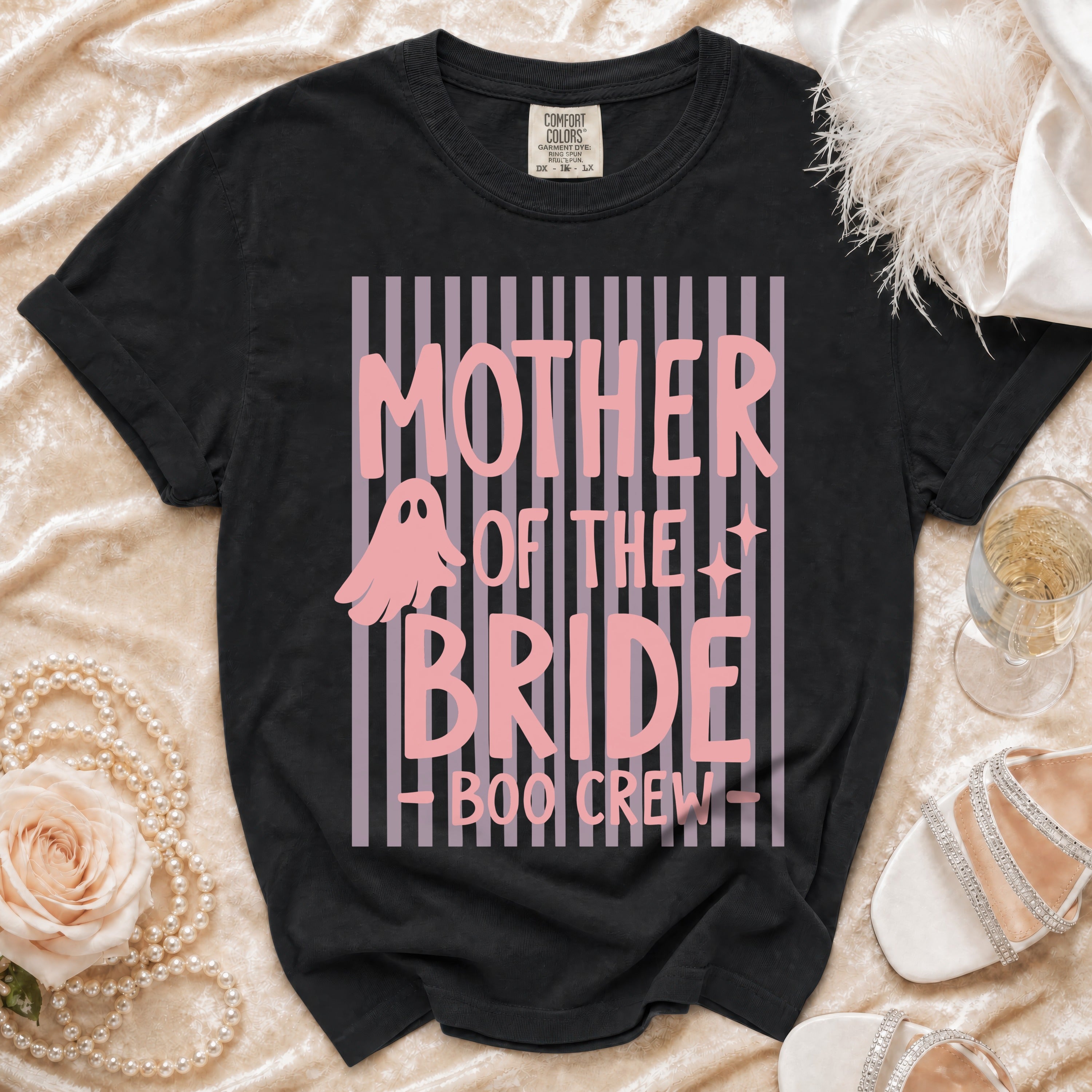 Black t-shirt with "Mother of the Bride Boo Crew" text and ghost graphic.