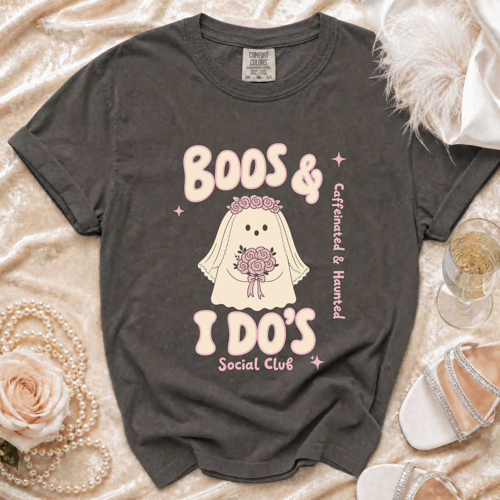 Charcoal t-shirt with "Boos & I Do's Social Club" and ghost bride graphic.