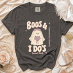 Charcoal t-shirt with "Boos & I Do's Social Club" and ghost bride graphic.