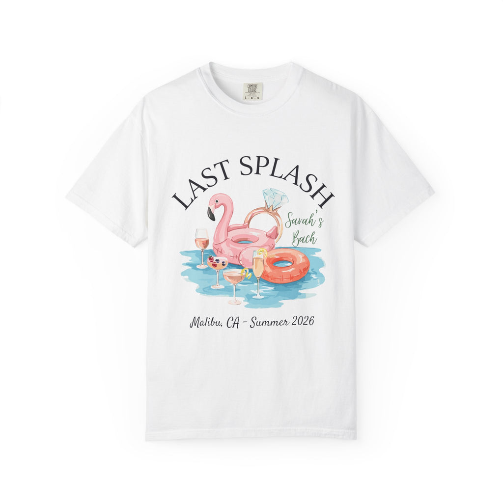 White t-shirt with "Last Splash" and a flamingo float graphic.