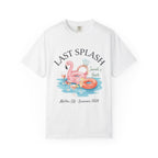 White t-shirt with "Last Splash" and a flamingo float graphic.