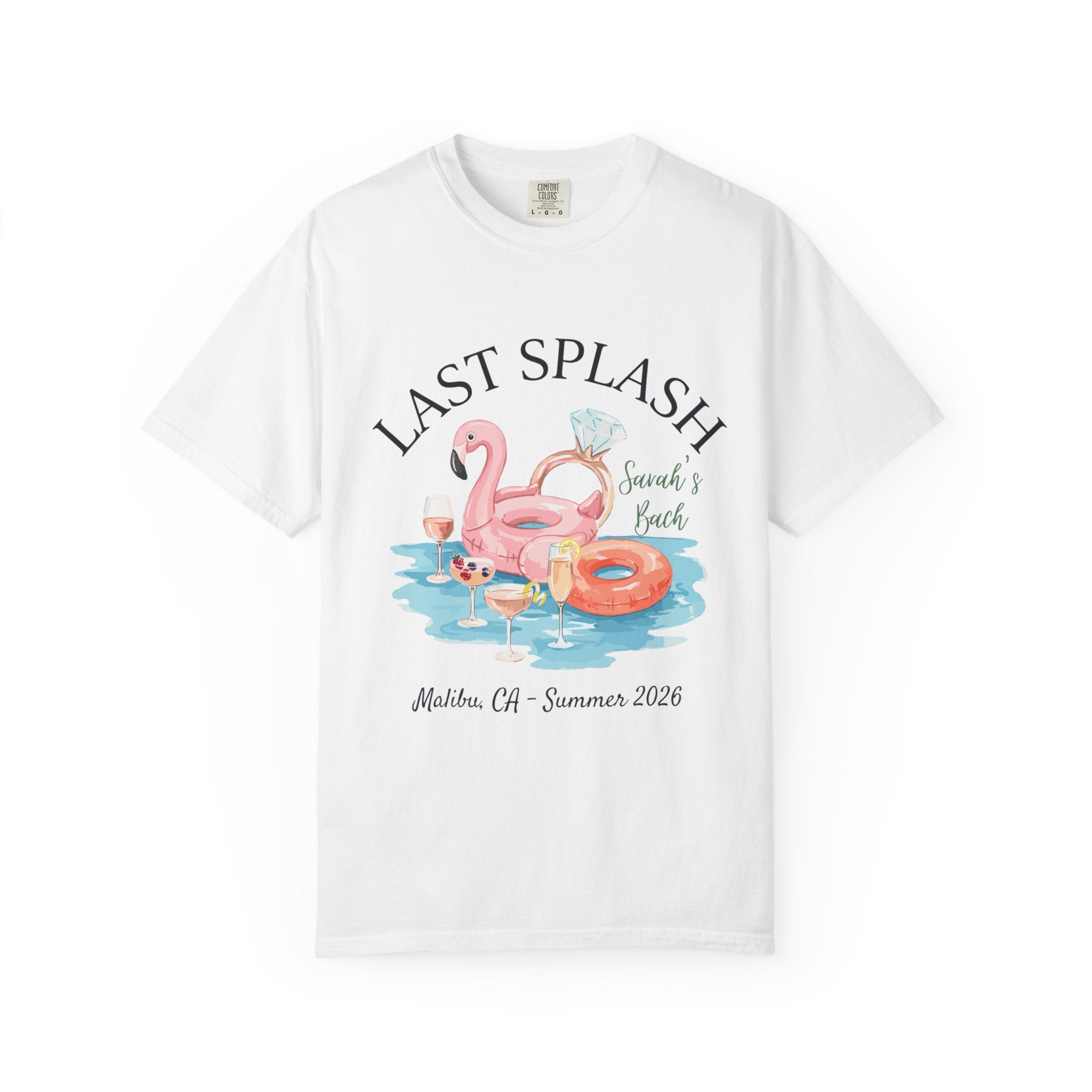 White t-shirt with "Last Splash" and a flamingo float graphic.
