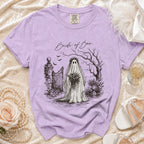 Lavender t-shirt with "Bride of Boo" ghost bride graphic and Comfort Colors tag.