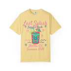 Yellow t-shirt with "Last Splash Sarah's Bach Malibu Ca Summer 2026" and tiki graphic.