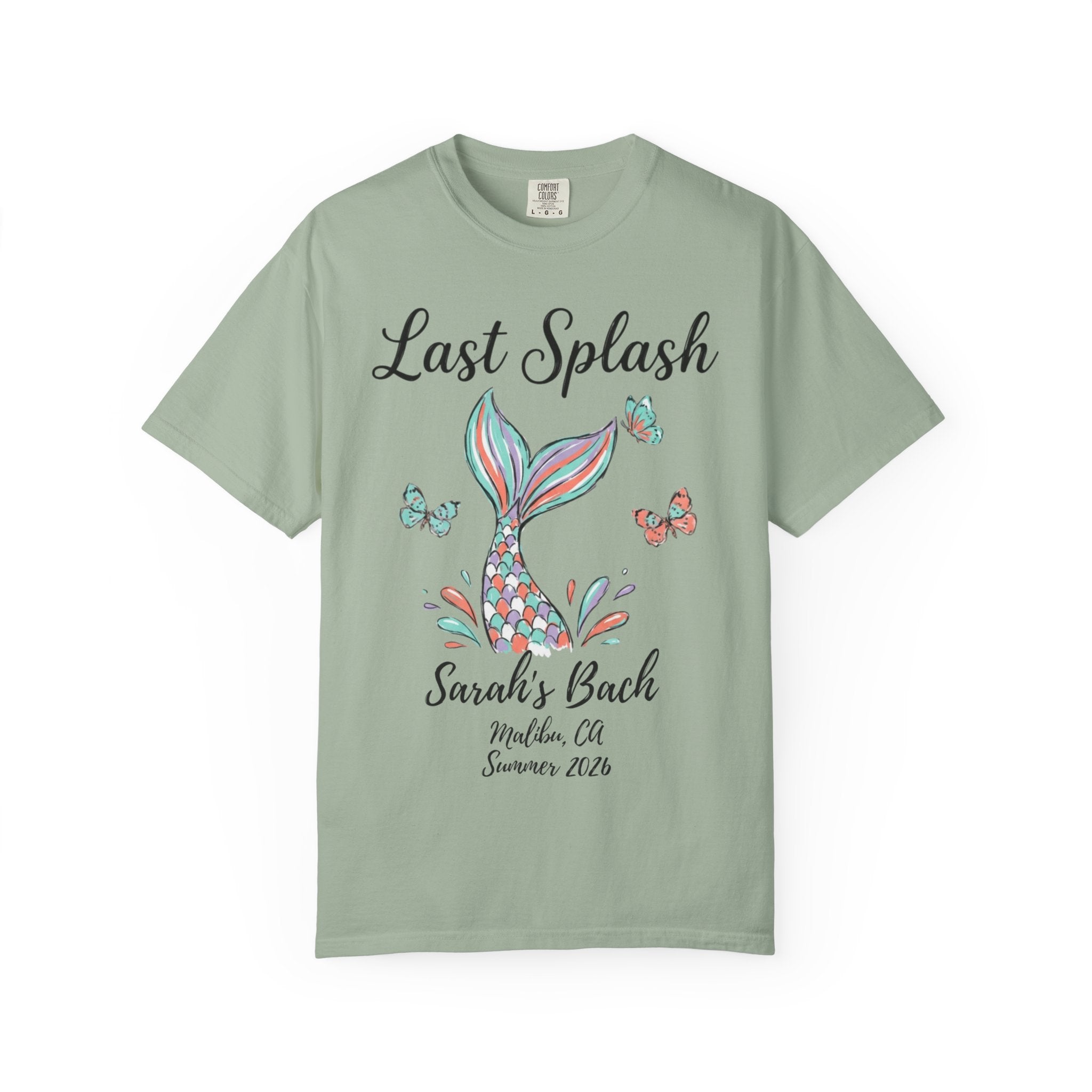 T-shirt with "Last Splash Sarah's Bach Summer 2026" and a mermaid tail graphic.