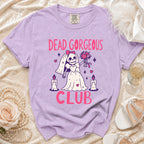 Lavender t-shirt with "DEAD GORGEOUS CLUB" graphic featuring a skeleton bride.