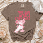 Brown t-shirt with pink graphic: "THIS GIRL NEEDS A SPICY MARG."