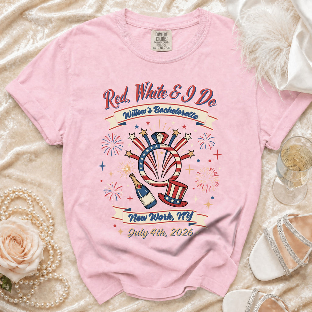 Red, White & I Do Bachelorette t-shirt with fireworks and hat.
