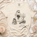 Ghost bride graphic with text "I Do, But Make It Spooky" on a cream t-shirt.