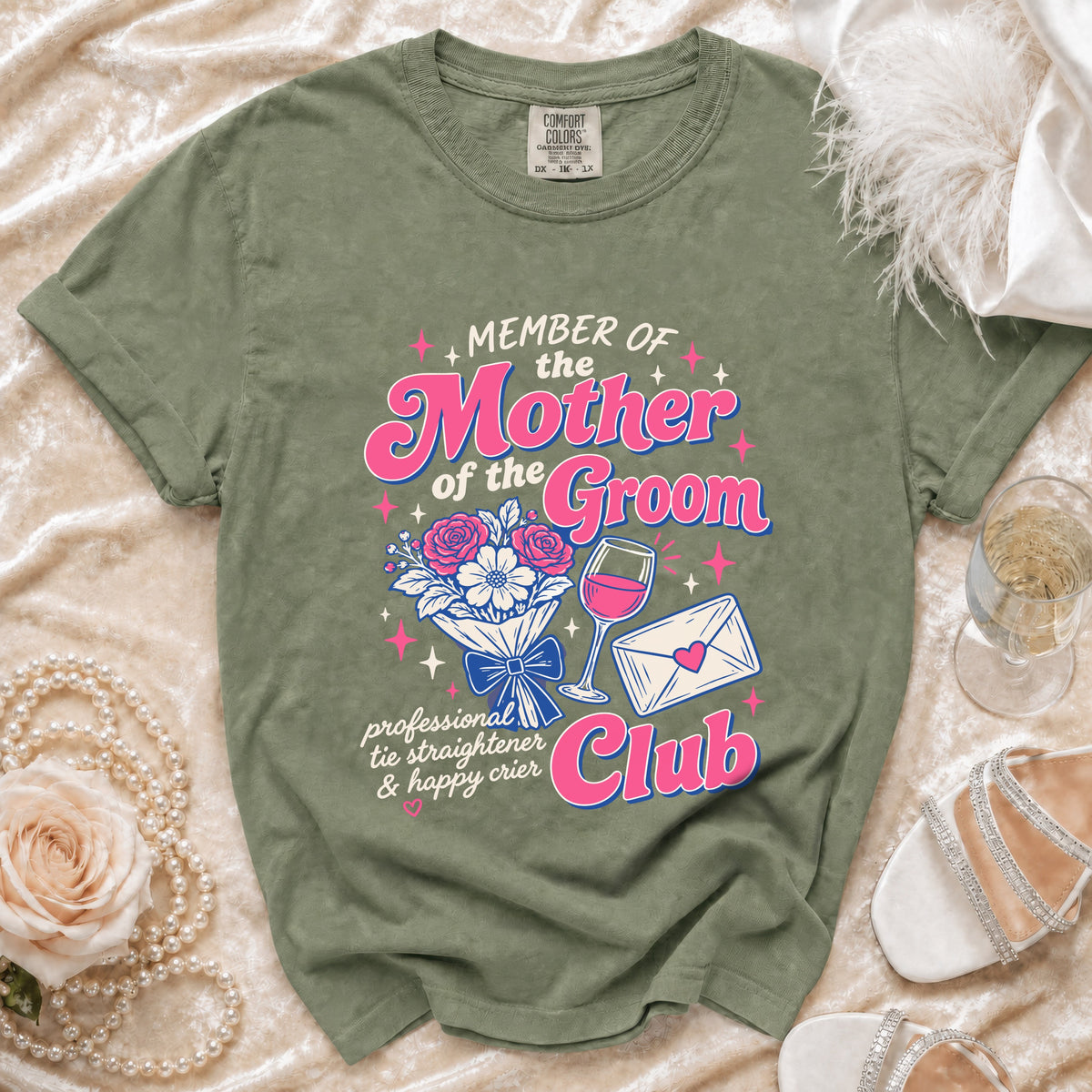 Green t-shirt with "Member of the Mother of the Groom Club" graphic.