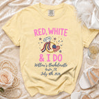 Yellow t-shirt with "Red, White & I Do Willow's Bachelorette Austin, TX July 4th, 2026" text.