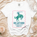White t-shirt with "Her Last Rodeo Jennifer's Bach Nashville TN Summer 2026" and a cowboy graphic.