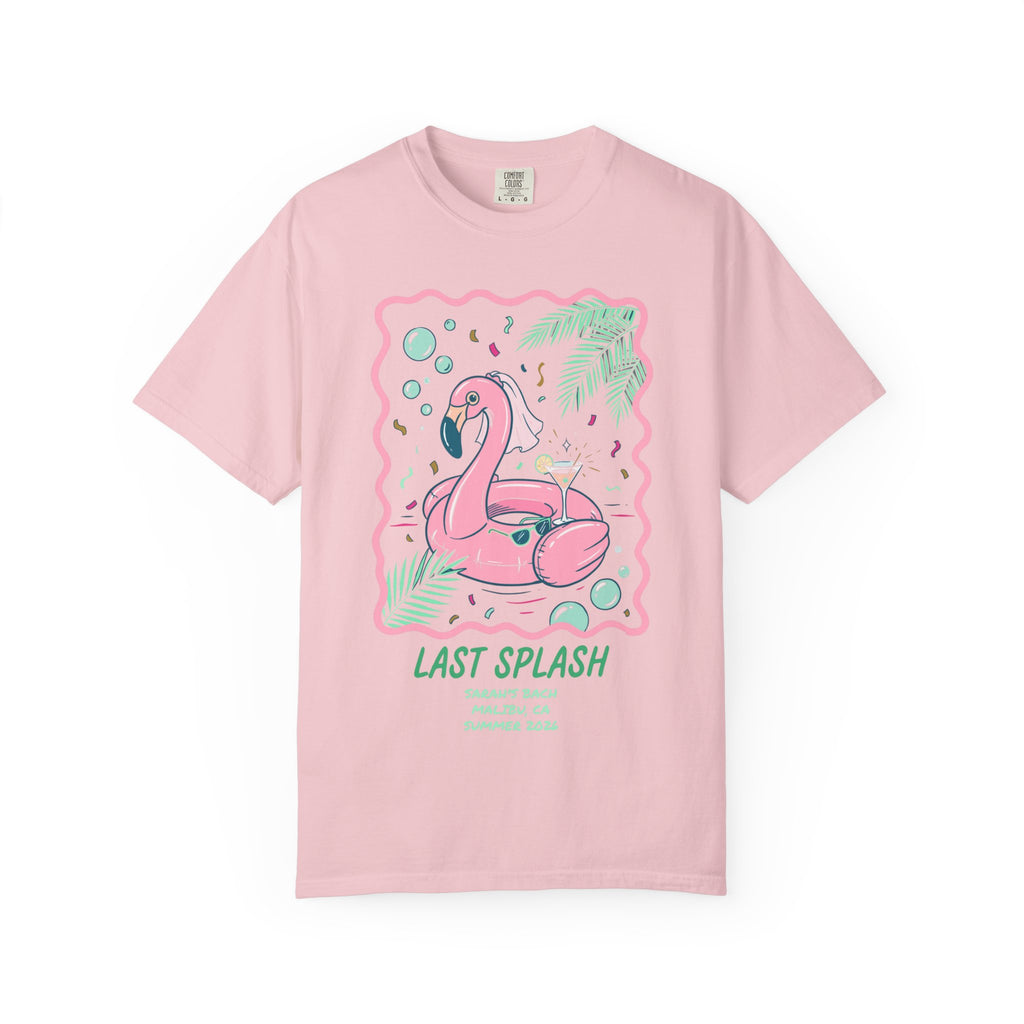 Pink t-shirt with flamingo float and "Last Splash" text.