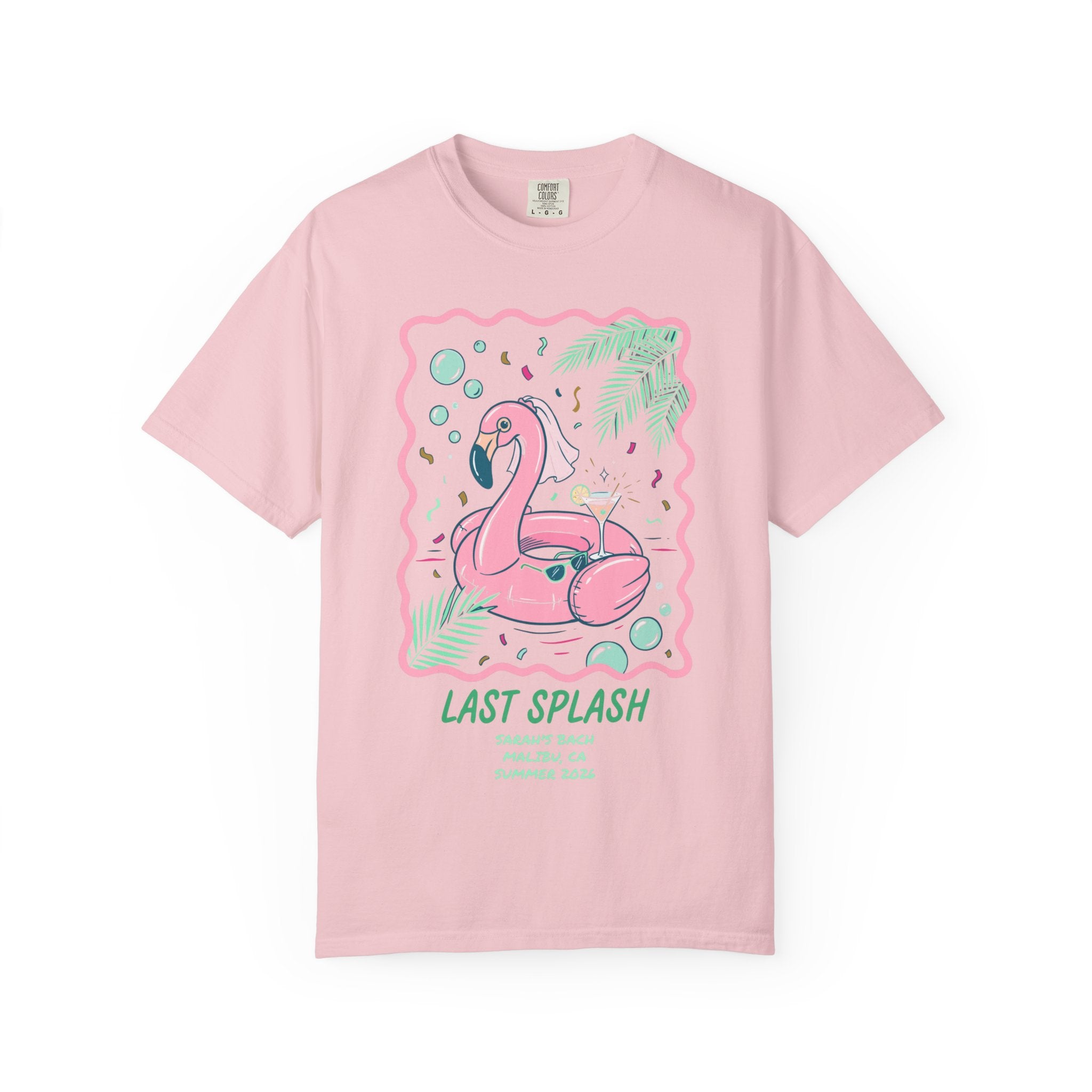 Pink t-shirt with flamingo float and "Last Splash" text.