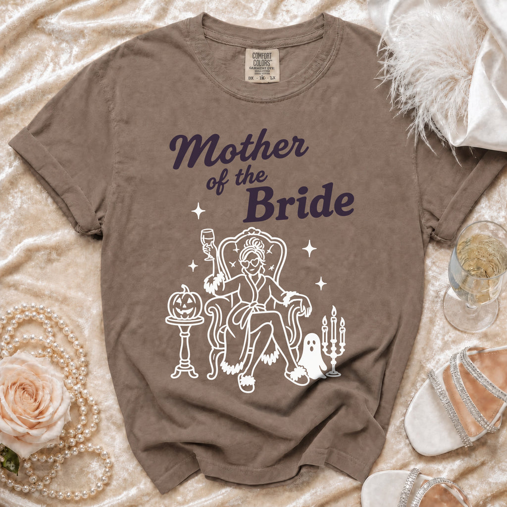 Brown t-shirt with "Mother of the Bride" text and graphic.