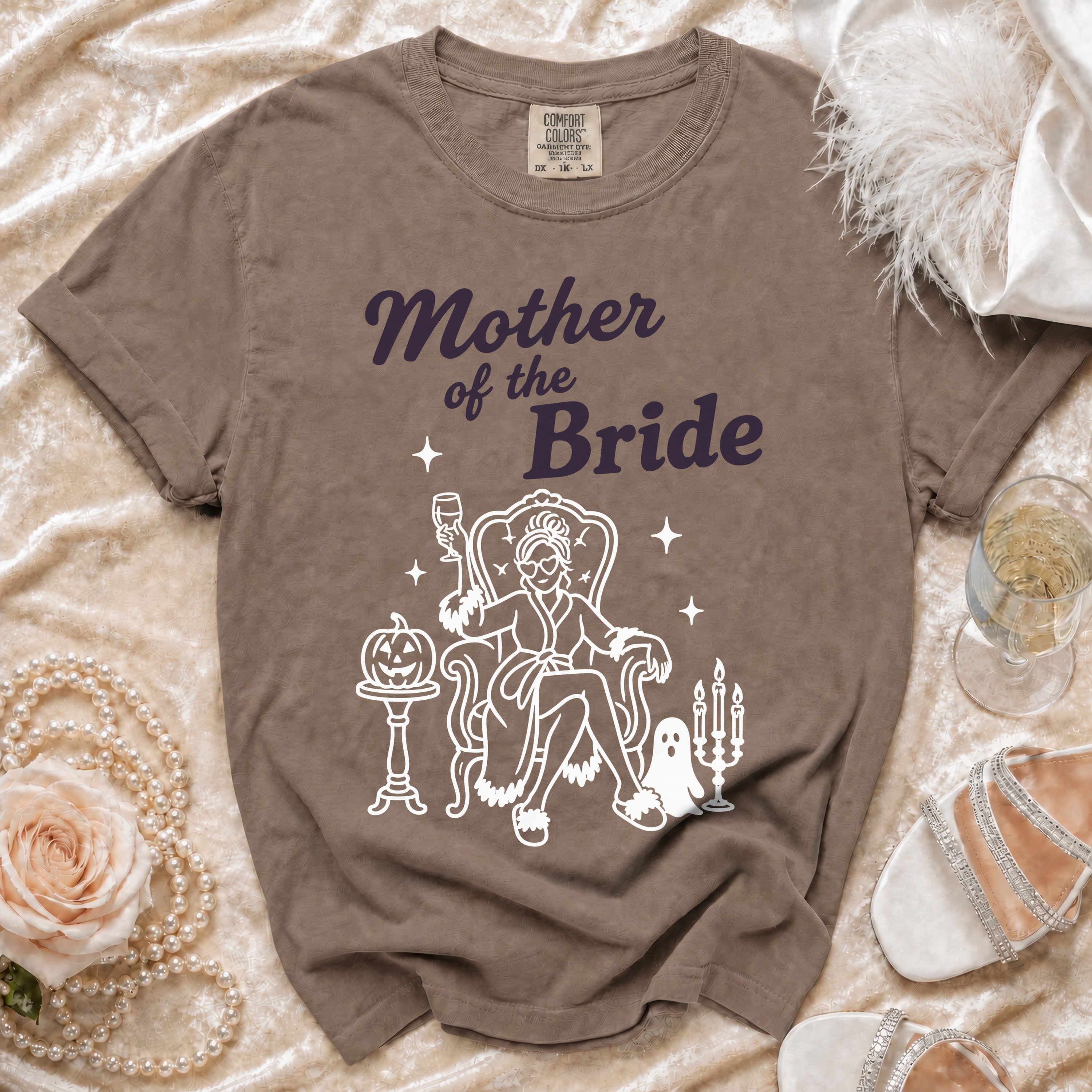 Brown t-shirt with "Mother of the Bride" text and graphic.