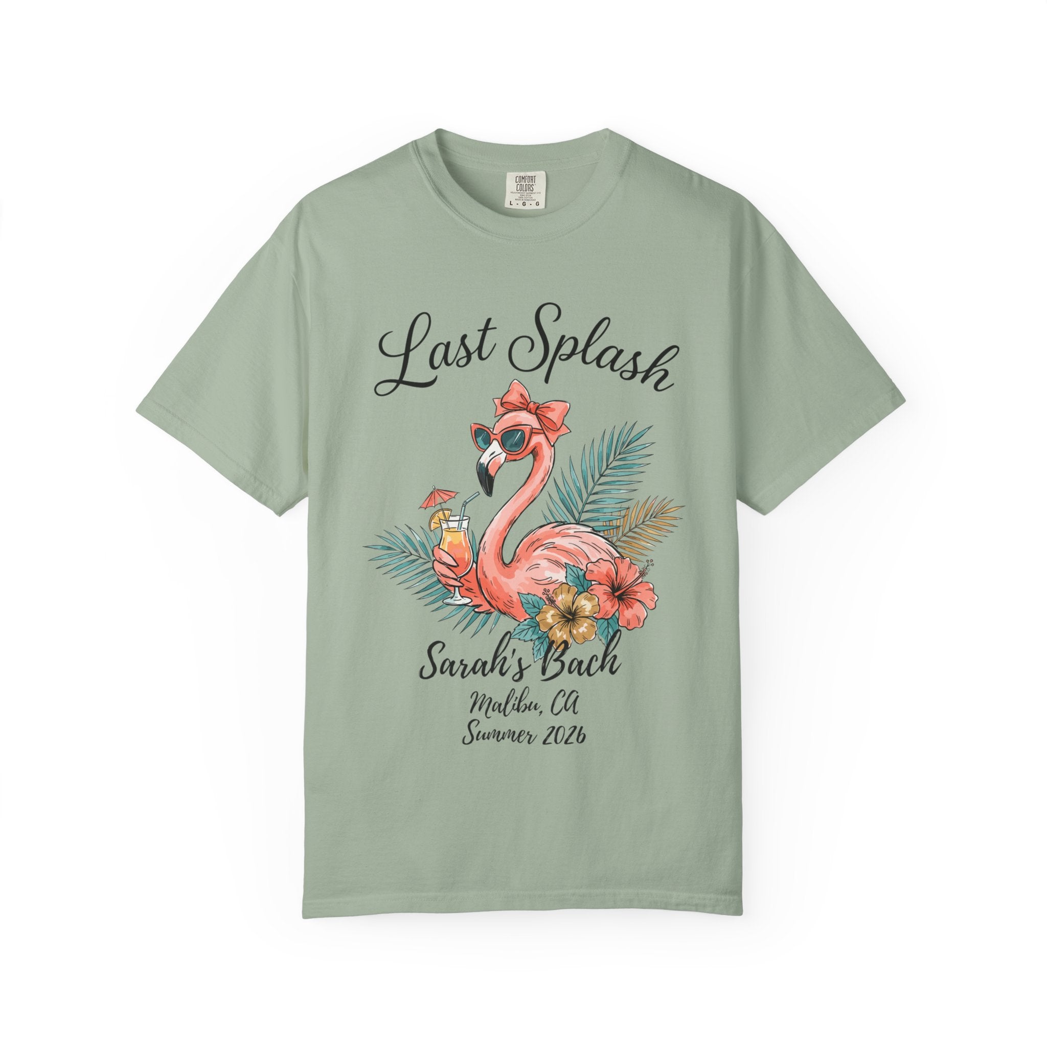 T-shirt with "Last Splash Sarah's Bach Summer 2026" and flamingo graphic.