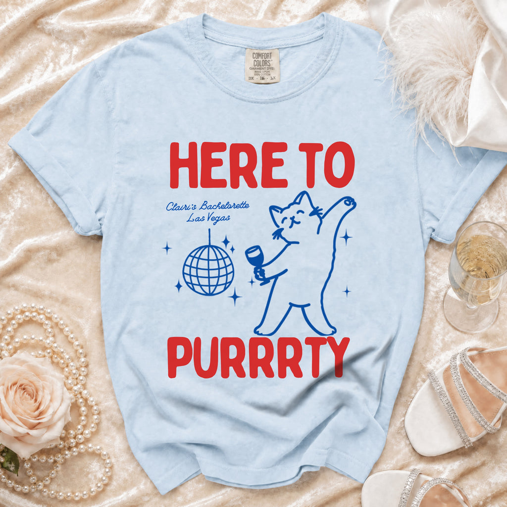 Light blue t-shirt with "HERE TO PURRRTY" text and a cat graphic.
