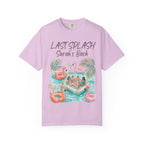 Pink t-shirt with "Last Splash Sarah's Bach" and women on flamingo floats.