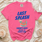 Pink t-shirt with "Last Splash" and bachelorette details for Sarah's Bach in Malibu.