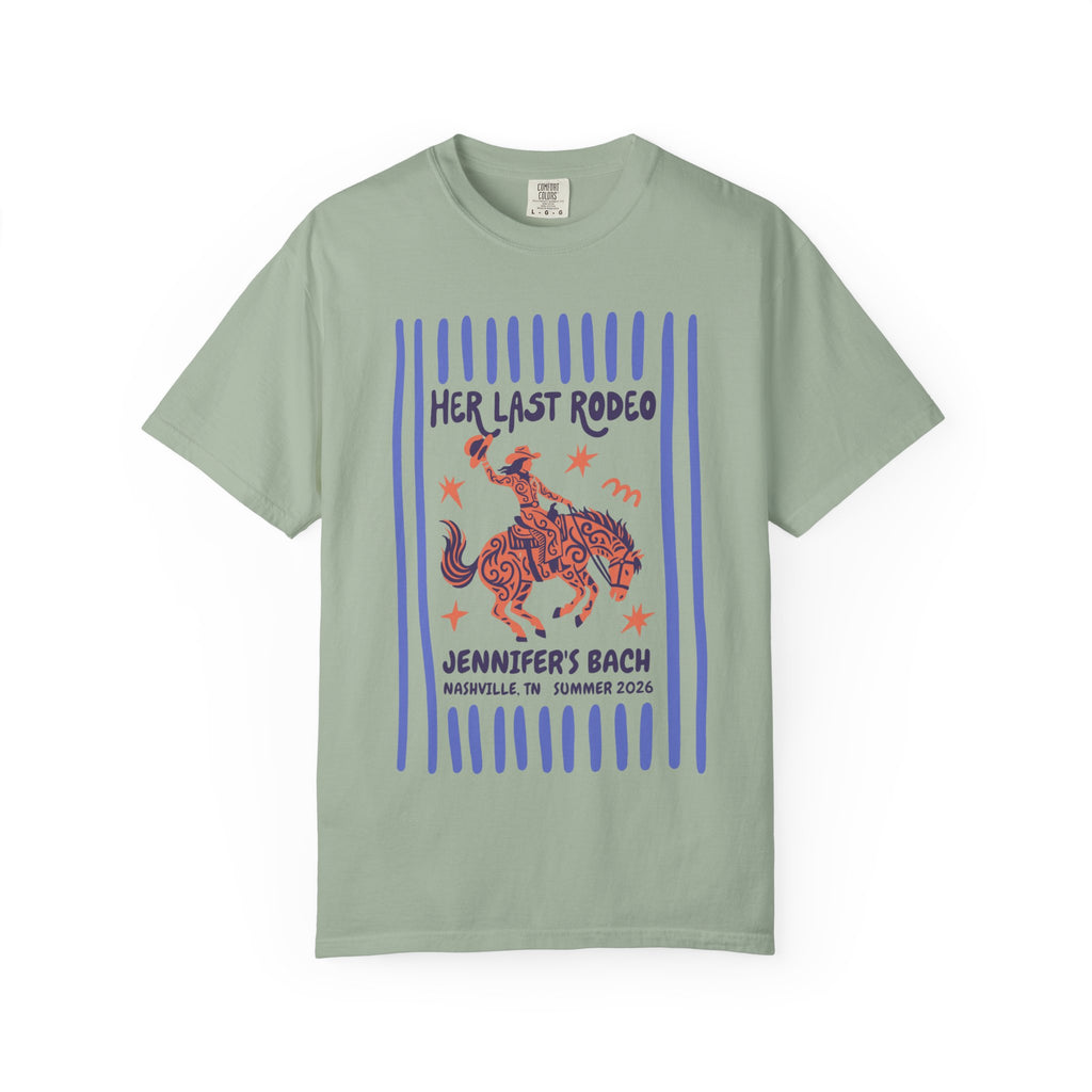 T-shirt with "Her Last Rodeo Jennifer's Bach Nashville Summer 2026" graphic.