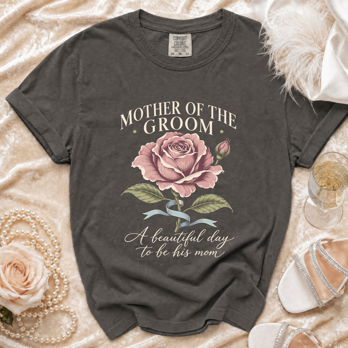 Dark gray t-shirt with "Mother of the Groom" and rose design.