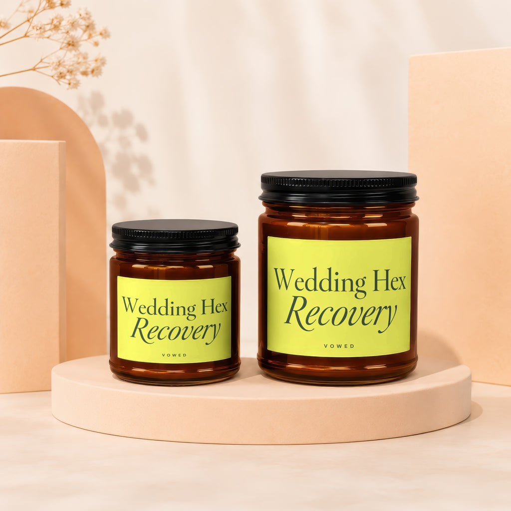 Two amber jars with black lids labeled "Wedding Hex Recovery" sit on round pedestals.