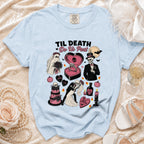 Light blue t-shirt with "Til Death Do Us Part" skeleton wedding graphic.